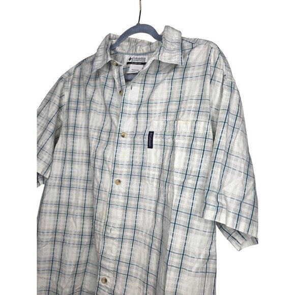 Columbia Mens XL White Blue Cotton Short Sleeve Button Fishing Hiking Shirt - Picture 10 of 16